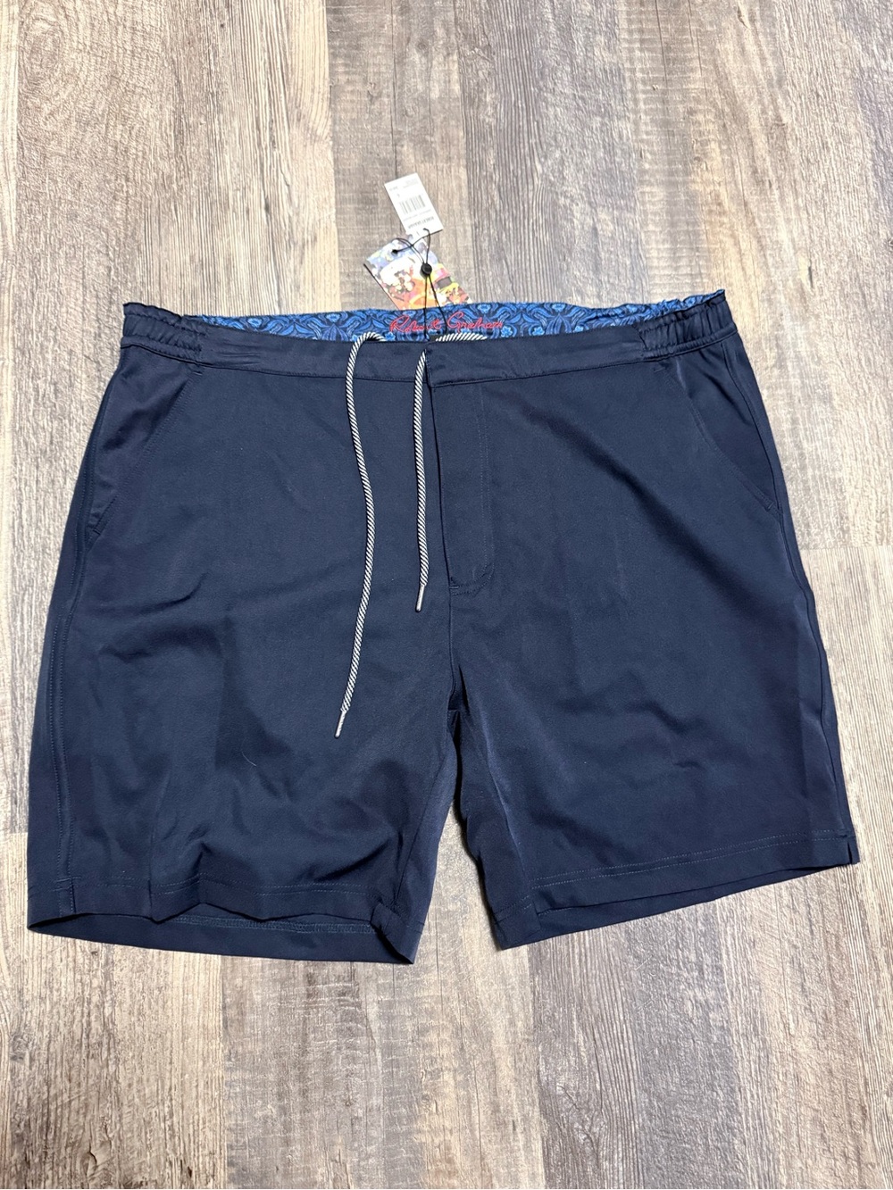 Robert Graham Navy Swim Trunks with Printed Waistband